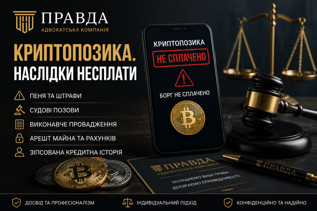 Криптопозика: наслідки несплати боргу. Юридична допомога адвокатської компанії Правда у спорах щодо криптокредитів, судового стягнення, арешту майна та рахунків.