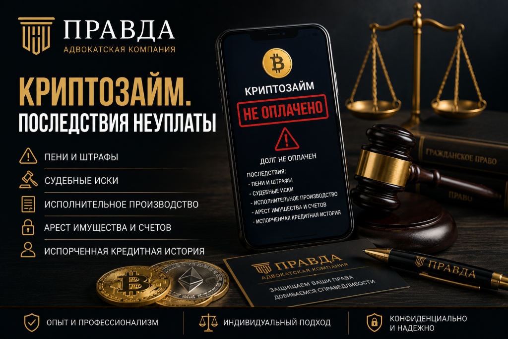 Криптозайм: последствия неуплаты. Юридическая помощь Адвокатской компании Правда по спорам, связанным с криптозаймами, взысканием задолженности и защитой заемщиков.
